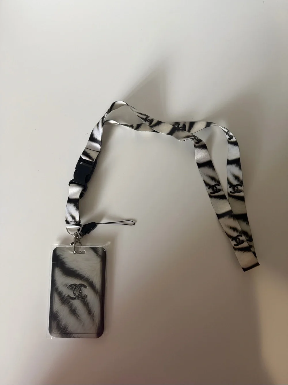 Designer-Style Black & White Zebra Lanyard Phone Card Holder
